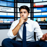 A young professional, fully clothed in modest business casual attire, sits contemplatively amidst a swirl of digital screens. Each screen glows with a chaotic array of diverse news headlines, social media posts, and conflicting data, symbolizing information overload and filter bubbles. The background is a modern, slightly blurred office environment. Perfect anatomy, correct proportions, natural pose, well-formed hands, proper finger count, natural body proportions, professional photography, high quality, safe for work, appropriate content, family-friendly.