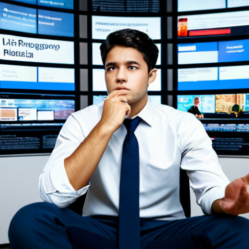Home 7 A young professional, fully clothed in modest business casual attire, sits contemplatively amidst a swirl of digital screens. Each screen glows with a chaotic array of diverse news headlines, social media posts, and conflicting data, symbolizing information overload and filter bubbles. The background is a modern, slightly blurred office environment. Perfect anatomy, correct proportions, natural pose, well-formed hands, proper finger count, natural body proportions, professional photography, high quality, safe for work, appropriate content, family-friendly.